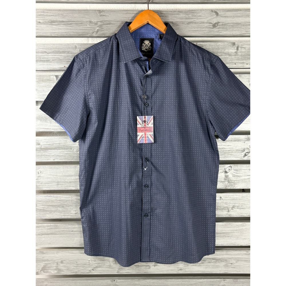English Laundry Mens Navy Blue Geometric Short Sleeve Button Down Shirt L NEW